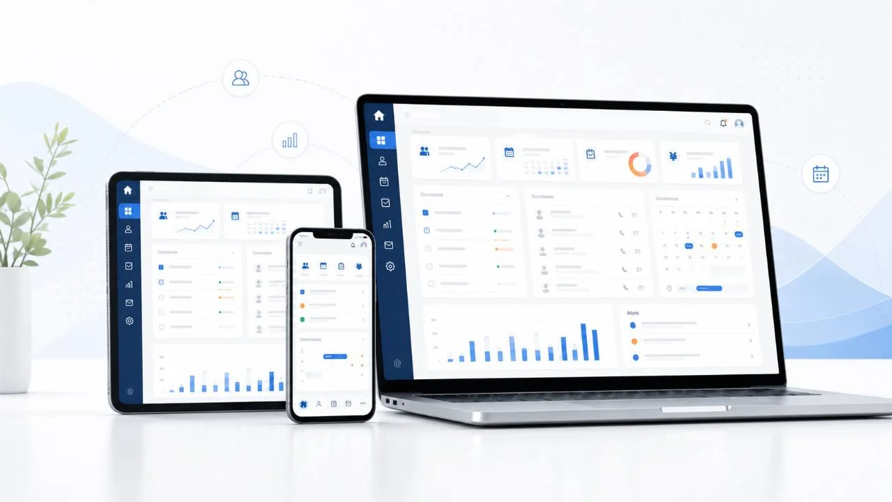FlutterアプリとWebシステムをPC・スマートフォンで利用するマルチデバイス対応のイメージ